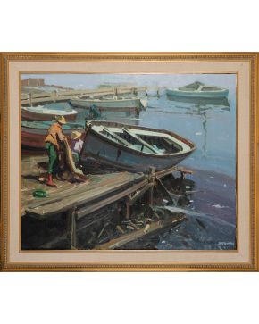 329-EUSTAQUIO SEGRELLES (1936) Atando las redes  Óleo sobre lienzo. Firmado. Medidas: 80 x100 cm. 
