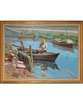 335-EUSTAQUIO SEGRELLES (1936) Tarde en la Albufera  Óleo sobre lienzo. Firmado. Medidas: 115 x160 cm. 