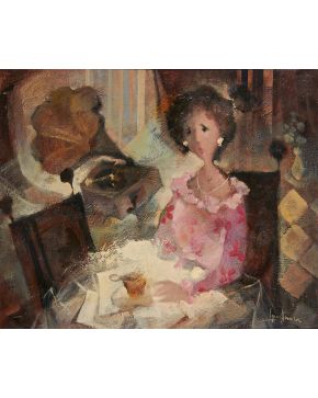 2010-MANUEL LÓPEZ HERRERA (Madrid 1946) Dama con gramófono  Óleo sobre lienzo Firmado Medidas: 65 x 81 cm