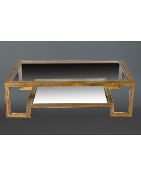 313-Mesa rectangular de centro en acero y cristal con dos alturas. Medidas: 40x89x140 cm.