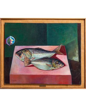 2018-JUAN CABANAS ERAUSQUIN (Asteasu, 1907-1979) Bodegón de pescado  Óleo sobre lienzo. Medidas: 65 x 81 cm. 