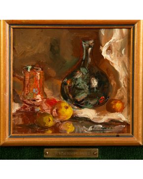 410-JOAQUIN MIR (Olot 1873 - Barcelona 1941) Bodegón  c.1935 Óleo sobre tabla Firmado Medidas: 11,4 x 13 cm.