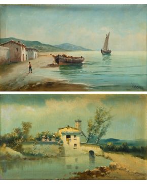 2047-J. FERNÁNDEZ, S.XX Pareja de paisajes , 1911. Óleo sobre lienzo. Medidas: 70 x 40 cm. (2) 