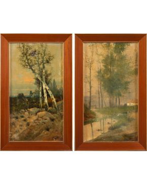 2046-J. FERNÁNDEZ, 1911 Pareja de pinturas Paisaje de rio  y  Paisaje costero  Óleo sobre lienzo. Medidas: 30 x