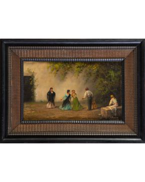 2033-BENITO MERCADE (1821-1897) Ronda de majos  Óleo sobre lienzo. Medidas: 29 x 50 cm. 