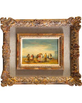 2043-CAMILLE ROUSSEAU (1949) Día de playa  Óleo sobre lienzo. Medidas: 12 x 17 cm. 