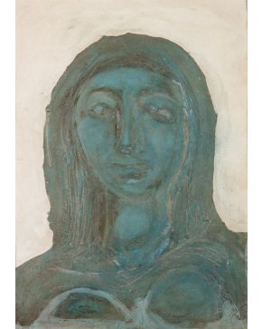 31-NASSÍO  IGNACIO BAYARRI LLUCH (Valencia 1932)  Madonna azul . Óleo y materia en relieve sobre papel adherido a