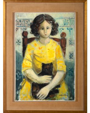 30-CAMELIA LÓPEZ (Valencia 1940) Niña con gato  Óleo sobre lienzo Firmado Medidas: 80 x 53 cm.  
