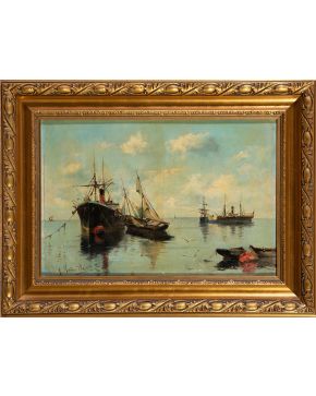 353-JUAN MARTÍNEZ ABADES (Gijón, 1862-Madrid, 1920) Marina  Óleo sobre lienzo. Medidas: 45x30 cm.  