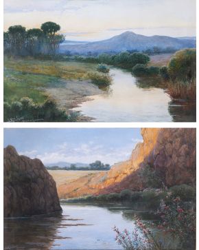 340-JOSÉ RICO CEJUDO (Sevilla, 1864-1939) Vistas de Guadajoz  y  Alcalá de Guadaira  Pareja de acuarelas sobre pap