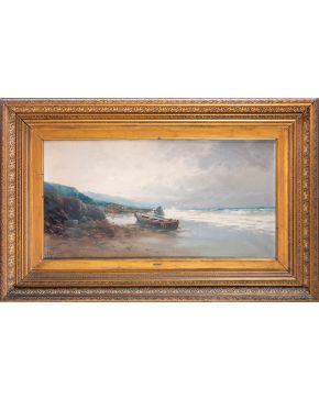 346-RICARDO MANZANET (1853-1939) “Vista desde la playa” Óleo sobre lienzo. Medidas: 120 x 60 cm. Firmado áng