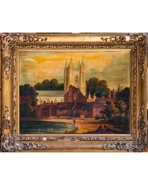 603-ESCUELA CENTROEUROPEA S.XIX “Paisaje con la catedral” Óleo sobre lienzo. Medidas: 31 x 40 cm.