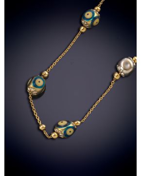 60-BELLA PULSERA CON ESFERAS DECORADAS POR ESMALTE A MODO DE OJO TURCO en oro amari