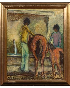 2012-JESÚS MONTES IRIBARREN (Irún 1940) Abrevadero". 1976 Óleo sobre táblex Firmado, dedicado y fechado 1976 Medi