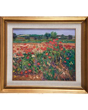 2018-ESCUELA ESPAÑOLA S. XX  Amapolas" 1989 Óleo sobre lienzo. Firmado y fechado: "A. Camileno?" Medidas: 46 x