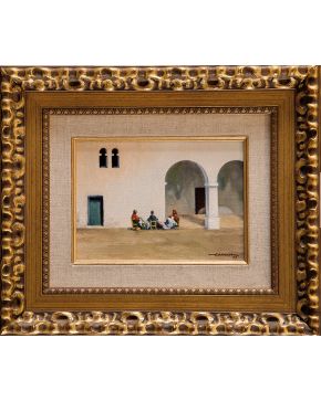 2023-ESCUELA ESPAÑOLA. S. XX  Cosiendo" Óleo sobre tablex. Firmado y fechado "E. Arruza. 97" Medidas: 15 x 21 