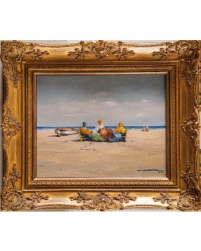 2022-ESCUELA ESPAÑOLA. S. XX  Cosiendo las redes" Óleo sobre tablex. Firmado y fechado "E. Arruza. 97" Medidas