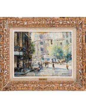2017-CARLOS LAHARRAGUE RODRÍGUEZ-BAUZA (Madrid. 1936)  Vista urbana" Óleo sobre tablex. Medidas: 26 x 34 cm."