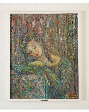 2000-MARÍA ÁNGELES DE ARMAS (Madrid, 1941 - Maqueda, Toledo, 2006) Mujer recostada" Óleo sobre lienzo. Firmado en