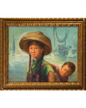 2015-ESCUELA VIETNAMITA S. XX Madre con niño" Óleo sobre lienzo. Medidas:"