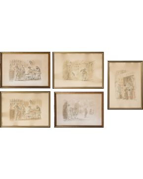 2009-EDUARDO VICENTE (Madrid 1909-1968) Escenas rurales" Lote de 5  litografías sobre papel Firmados en plancha M