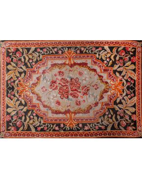 335-Alfombra moderna de diseño vegetal de hojas y flores sobre fondo negro