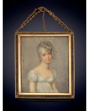 46-Elegante miniatura de dama imperial: Madame de la Sablière". Pintada sobre marfil en marco de oro bajo calado. "