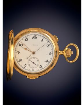 931-RELOJ DE BOLSILLO SABONETA, LE PHARE, Caja en oro amarillo de 18k, sonería de repetición a horas. Esfera de porcelana con numeración arábiga en ne