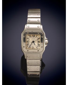 945-CARTIER" MODELO SANTOS. RELOJ DE PULSERA PARA SEÑORA, CAJA Y BRAZALETE EN ACERO. MOVIMIENTO AUTOMÁTICO. Esfera gris irisada con numeración romana 