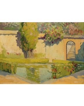2024-ESCUELA ESPAÑOLA S. XX El estanque" Óleo sobre tabla. Firmado en el áng