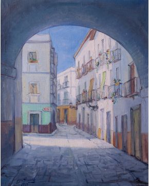 2035-ESCUELA ESPAÑOLA  1953 "Vista de calle" Óleo sobre lienzo.  Firmado: