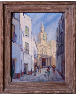 2036-ESCUELA ESPAÑOLA, S. XX "Vista de pueblo" Óleo sobre lienzo. Medidas: 5
