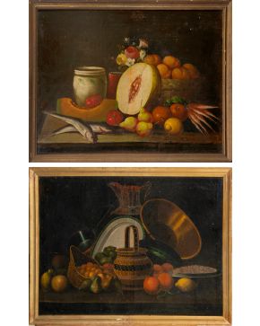 2055-ESCUELA ESPAÑOLA S. XIX Pareja de Bodegones de frutas, hortalizas y cacharros