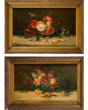 2043-ESCUELA ESPAÑOLA PPIOS.S.XX Pareja de pinturas Floreros" Óleo sobre lienzo