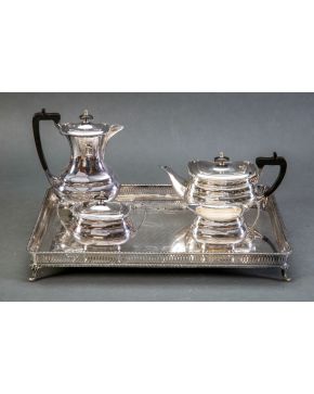 486-Juego de café estilo inglés inglés en plata española punzonada con asas de mader