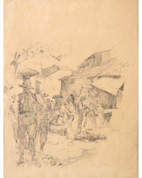 2020-EMILIO SALA FRANCÉS (1850-1910) Vista de pueblo" Plumilla sobre papel. 