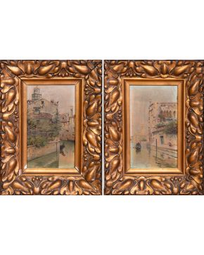 2050-ESCUELA ESPAÑOLA S. XIX Pareja de Vista de canales en Venecia" Oleografías