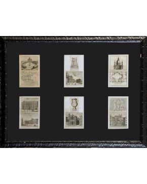 2018-Decorativo panel con seis grabados de vistas de Roma y elementos grecolatinos.