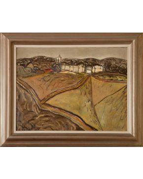32-AGUSTÍN ÚBEDA (Herencia 1925-Madrid 2007) "Paisaje castellano con pueblo" 
