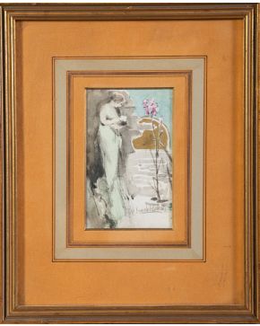 10-FERNANDO VILLODAS (Roma 1883-1920) Dama con lirios" c. 1910 Acuarela  y pa