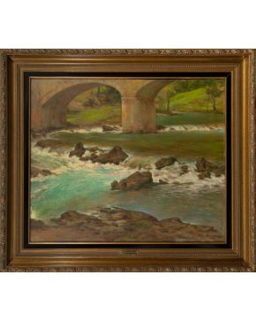 497-GUILLERMO GÓMEZ GIL (Málaga, 1862 - Cádiz, 1942) S. XX Paisaje de puente s