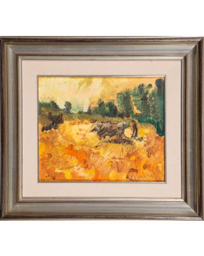 9-ÁLVARO DELGADO (Madrid 1922- 2016) Paisaje". 1974 Óleo sobre tablex Fir