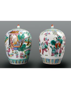 453-Pareja de tibores Tongzhi (1862-1874), Familia Verde, Dinastía Qing, esmaltados 