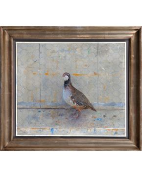 55-FLORENCIO GALINDO (Adanero 1947-Ávila 2016) Perdiz".  Óleo sobre cartulina