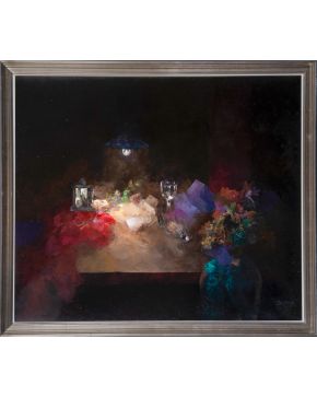 60-JOSÉ VEGA OSSORIO (Mérida 1945-2015) Bodegón con fondo negro".  Óleo sobre