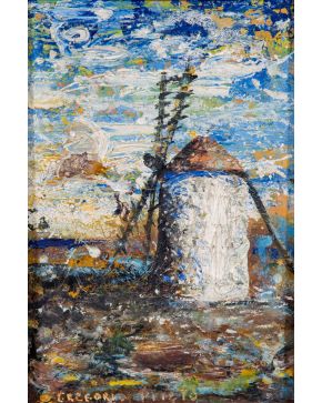 56-GREGORIO PRIETO (Valdepeñas 1897-1992) Molino".  Óleo sobre tabla Firma