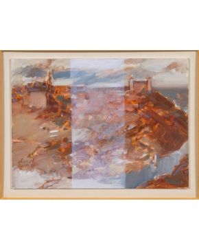 52-DANIEL MERINO (Madrid 1941-2011) Vista de Toledo".  Óleo sobre tabla Fi