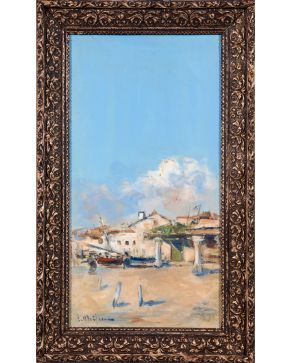 54-ELISEO MEIFREN (Barcelona 1857-1940) Pueblo pesquero" Óleo sobre lienzo