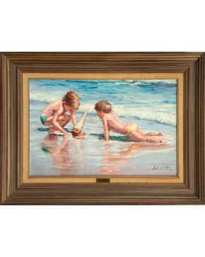 450-JOSÉ LULL (1933) "Jugando en la playa" Óleo sobre lienzo