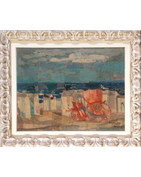 6-AGUSTÍN REDONDELA (Madrid 1922-2015) "Vista del mar con carro y casetas de p